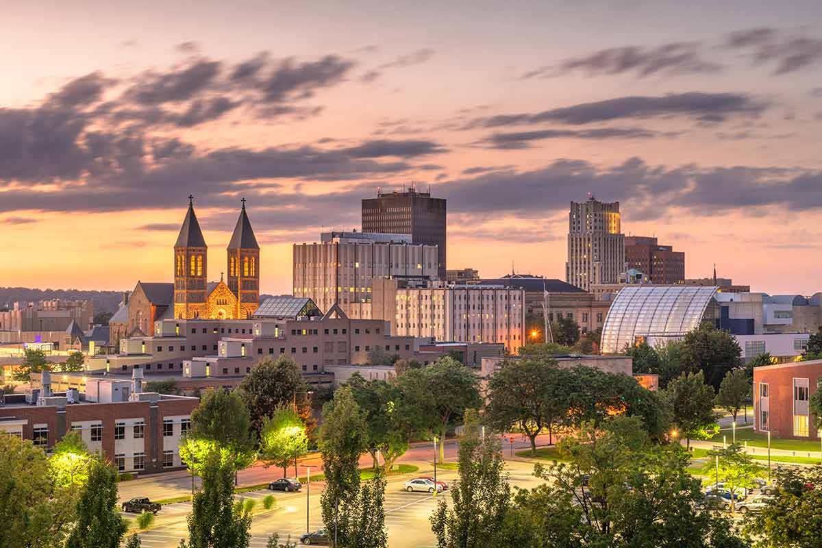 Akron, Ohio skyline at sunset